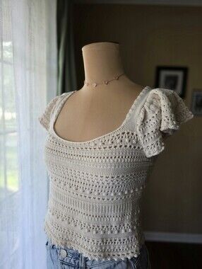 Sincerely Jules Cream Crochet Knit Flutter Sleeve Crop Top Cottagecore Size Medi